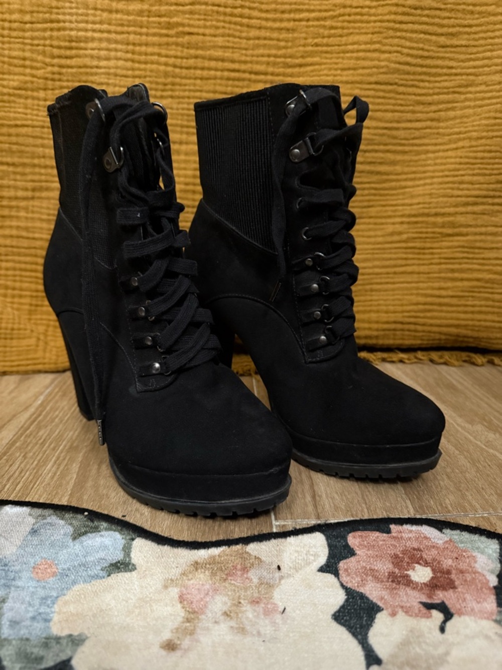 JustFab Black Lace-Up Platform Ankle Boots